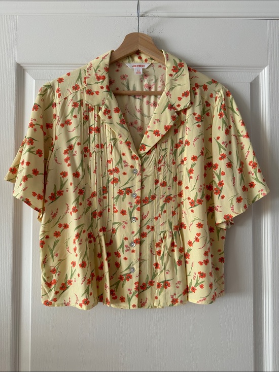 Joe Fresh Tops - Joe Fresh Yellow Floral Short-Sleeve Crop Button-Down Blouse, Size Small